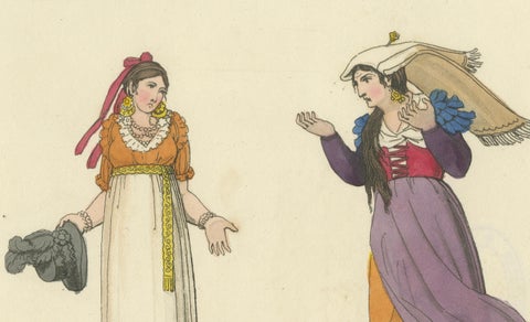 Italian Costume Print: Expressive Gestures of Women, Hand-Colored, 1820s, close-up 2
