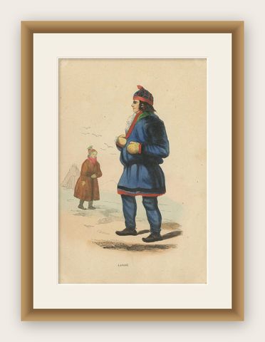 Antique Costume Print of Lapps by Wahlen, 1843, shown framed
