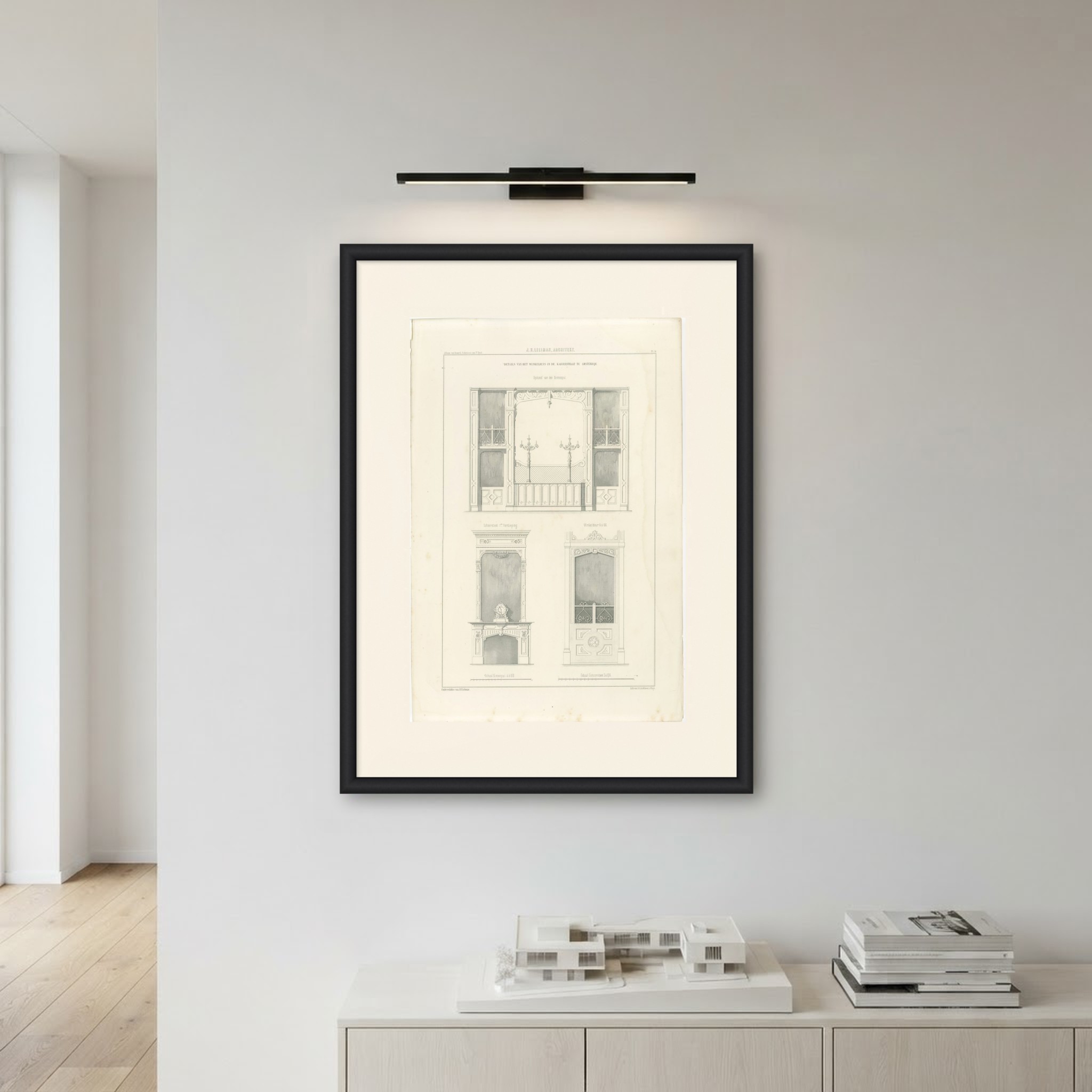 Amsterdam Shop Chimneypiece, Dutch Architecture Print, Leliman, 1865-1866, shown framed on a wall