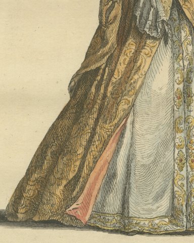 Infanta of Spain in 1598 in a Gold Brocade Gown, Jefferys Costume Plate, 1757, close-up 2