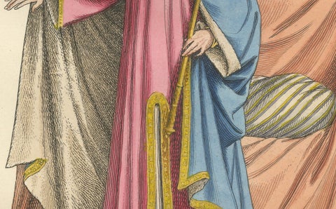 Antique 1845 Hand-Colored Print of a Medieval King in Regal Robes with Scepter, close-up 2