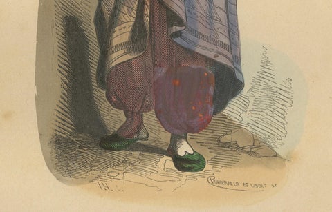 Elegant 1844 Lithograph of a Persian Woman in Traditional Attire, close-up 1