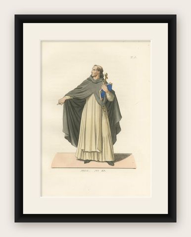 15th Century Dominican Friar, Antique Costume Print, Published 1845, shown framed