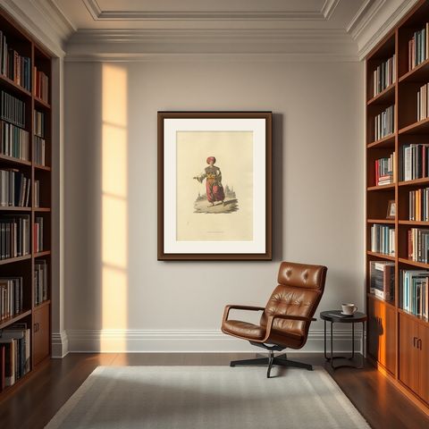 Antique Print of Mameluke of Egypt, the Military Costume of Turkey, 1818, shown framed in a room