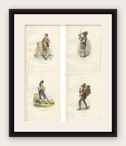 Four Antique Alpine Trades & Folk Costume Engravings, Switzerland & Tyrol, 1850, shown framed