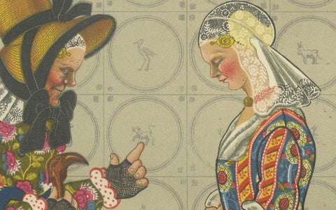 Chromolithograph of Groningen Women in Chintz and Flodder Muts Headdresses, 1932, close-up 3