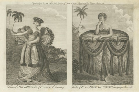 Tahitian Costume Engraving Pair, Otaheite Women, Pacific Voyages, c.1790