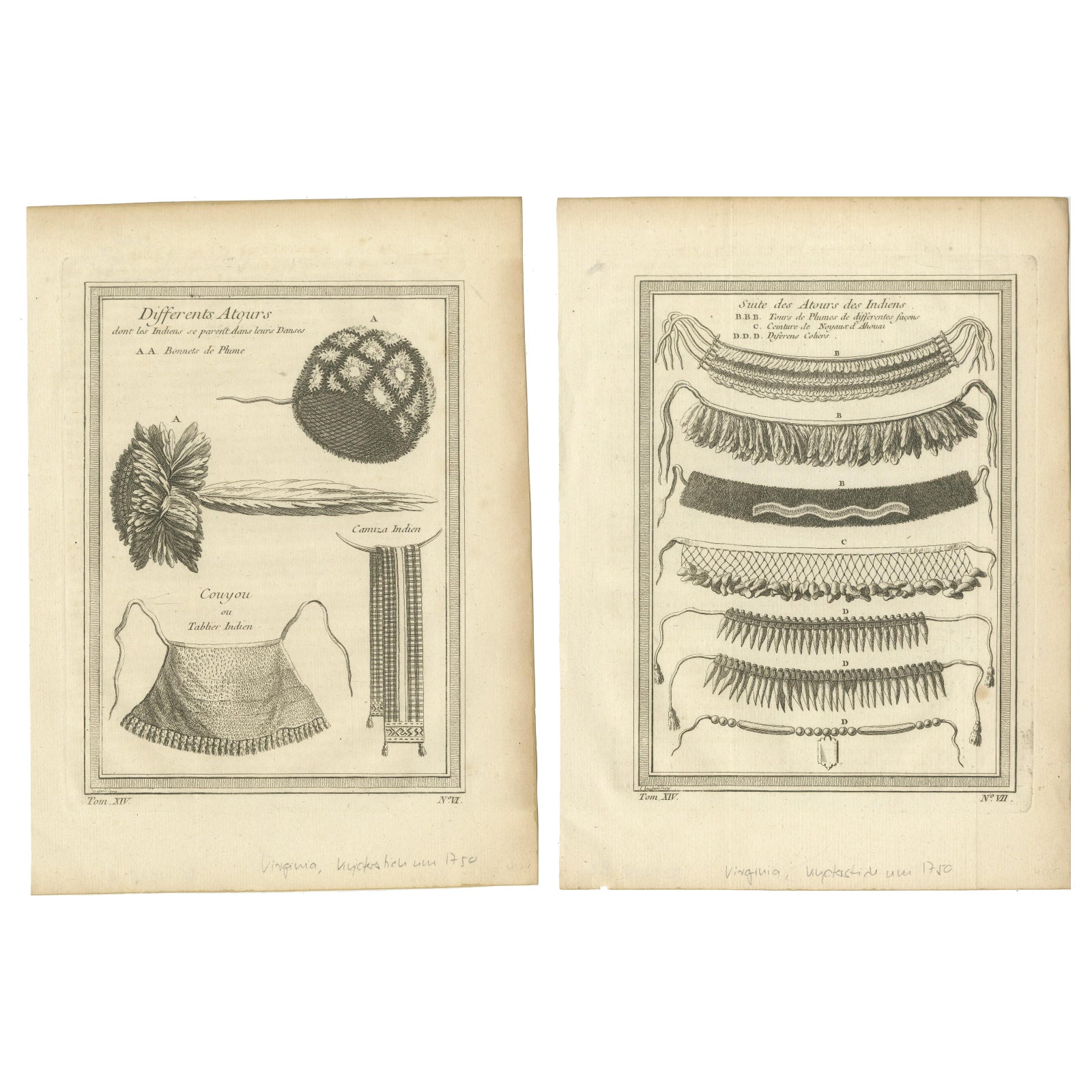 1757 Native American Tribal Adornments, Feathered Headdresses, Belts & Jewelry