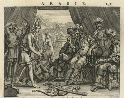 Old Original Print Showing Arab People with Weapons Receiving Gifts, Ca.1680, close-up 1