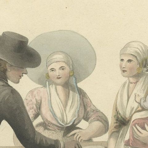 Old Costume Print Showing People at the Fair in Rotterdam, The Netherlands, 1817, close-up 2