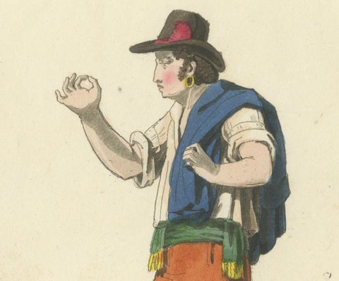 Italian Gestures: Traditional Costumes and Body Language, 1820s Engraving, close-up 2