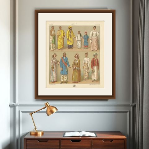 Pl. 39 Antique Print of Asian Clothing by Racinet, 'circa 1880', shown framed on a wall