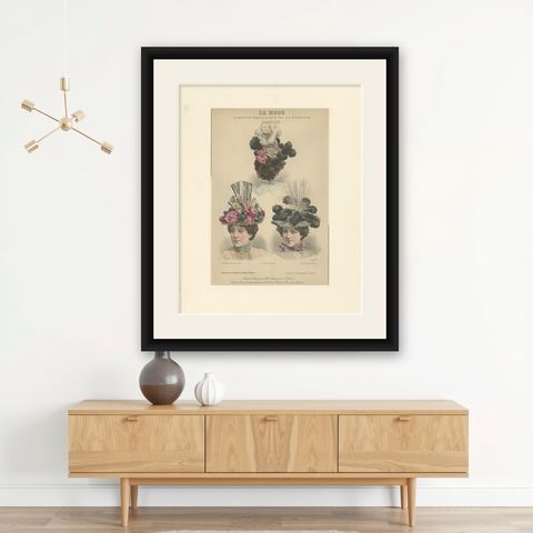 Pl. 3275 Antique Fashion Print of Ladies with Hats 'c.1895', shown framed on a wall