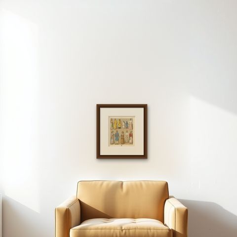 Pl. 39 Antique Print of Asian Clothing by Racinet, 'circa 1880', shown framed on a wall