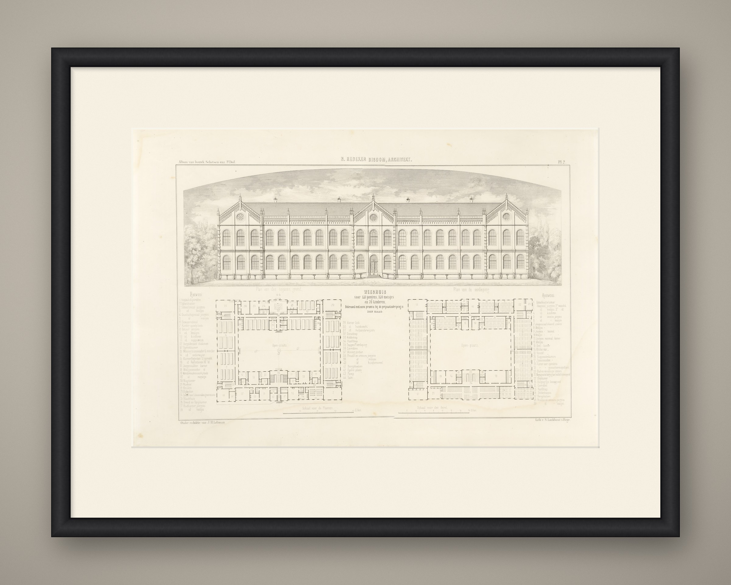Prize-Winning Orphanage Design, Dutch Architecture Print, Leliman, 1865-1866, shown framed
