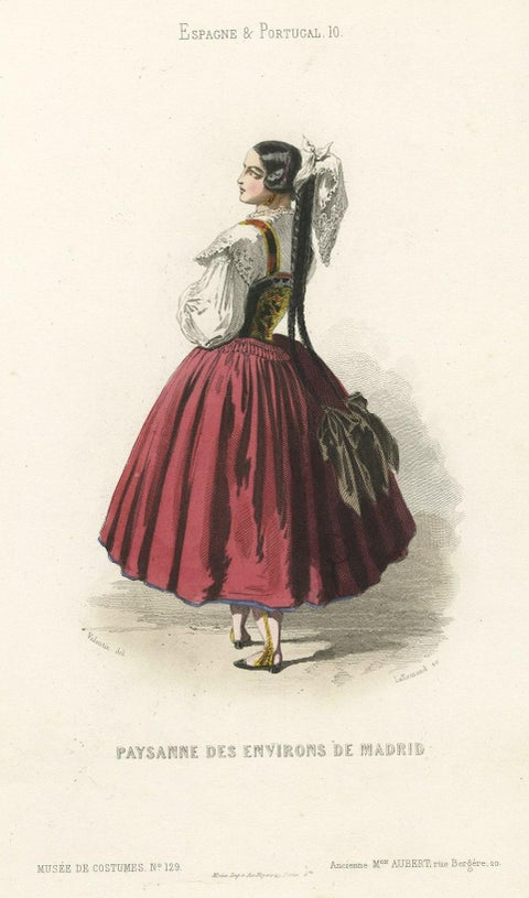 Old Handcolored Print of a Farmer's Wife from the Region of Madrid, Spain, 1850, close-up 1