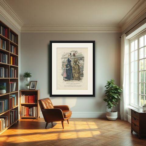 Antique French Fashion Plate, Elegant Ladies in Garden Scene, c.1880, shown framed in a room