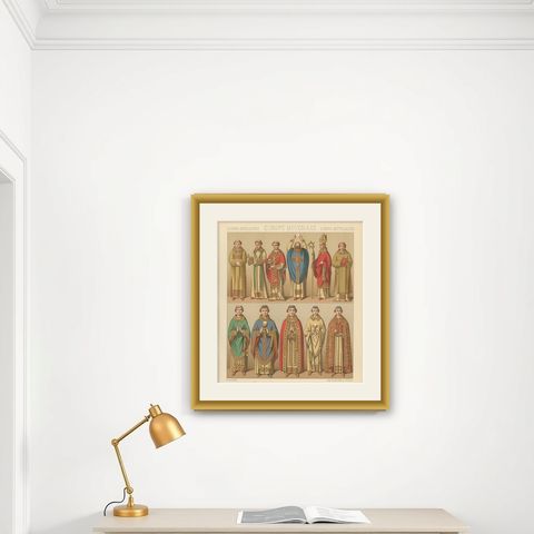 Medieval European Clergy Costumes by Racinet, Gothic Vestments, 1888, shown framed on a wall