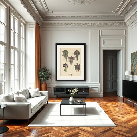 Victorian Splendor: Elegant Shawls and Mantles in Lithograph, Published in 1889, shown framed in a room