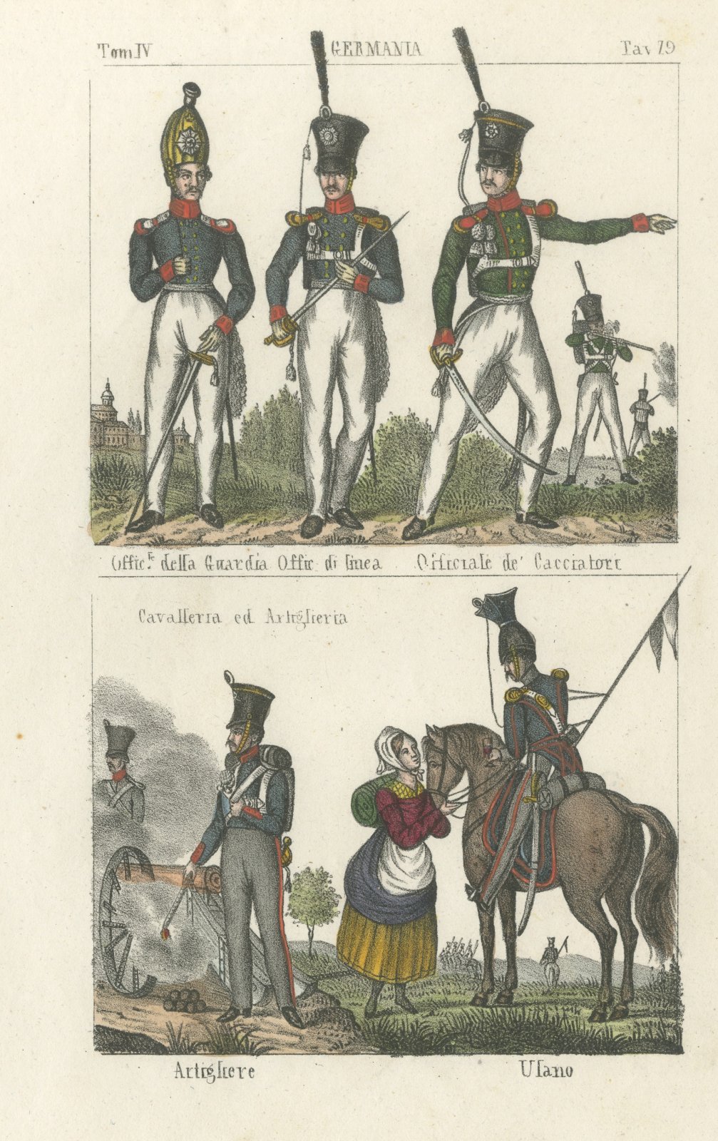German Guard, Line and Chasseur Officers with an Artilleryman and Uhlan, 1842