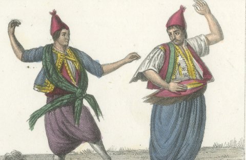 Male and Female Dancers of European Turkey, Hand Colored Lithograph, 1842, close-up 1