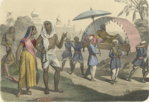 Indian Costumes, Bramin Couple, Bayadères and Nabob in Palanquin, c.1845, close-up 1