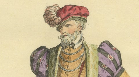 Roman Nobleman Costume Engraving, Renaissance Court Dress, Hand-Colored, 1749, close-up 4