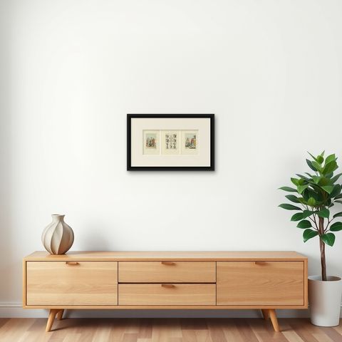 Chinese Costume and Ritual Scenes, Set of Three Ferrario Engravings, Italy 1815, shown framed on a wall