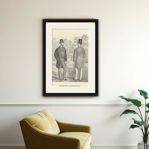 Antique Decorative Print of Men's Fashion, c.1890, shown framed on a wall