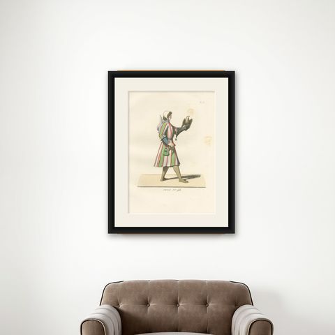 15th Century Falconry Costume, Falconer with Hawk, Antique Print 1845, shown framed on a wall