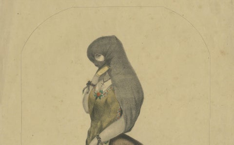 Original Antique Costume Print "La Tapada" of Lima, Peru by A.A. Bonnaffé, 1855, close-up 1