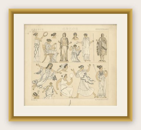 Pl. 14 Antique Print of Greece Costumes by Racinet, 'circa 1880', shown framed