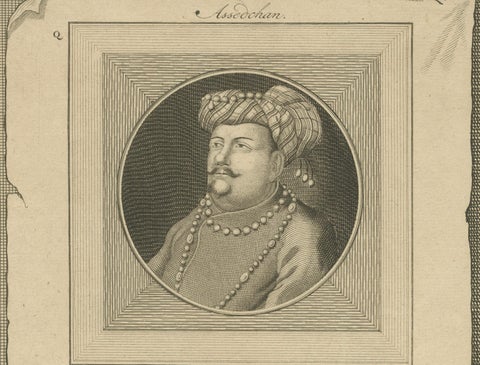 Mughal Nobles Asad Khan & Khan Jahan Portrait Engraving, Valentijn, c.1726, close-up 2