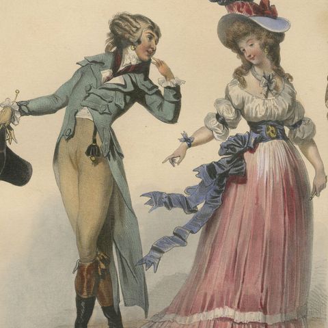 French Louis XVI Promenade Costume Lithograph, 1792, Published 1847, close-up 2