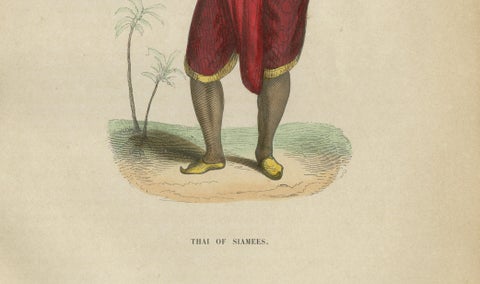 Antique Thai or Siamese Costume Print, Hand-Colored Engraving, 1854, close-up 3