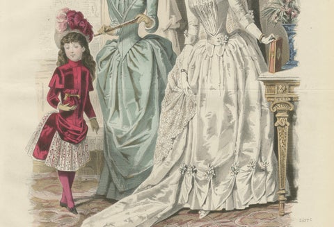 French Fashion Print, Bridal Scene with Ladies & Child, c.1887, close-up 4