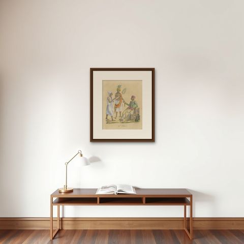 Indian Merchants & Noblemen, Brodtmann Hand-Colored Lithograph, 1816, shown framed on a wall