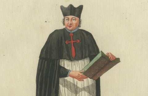 Regular Canon of the Order of St. James of Spain in Choir Attire, 1791 Engraving, close-up 2