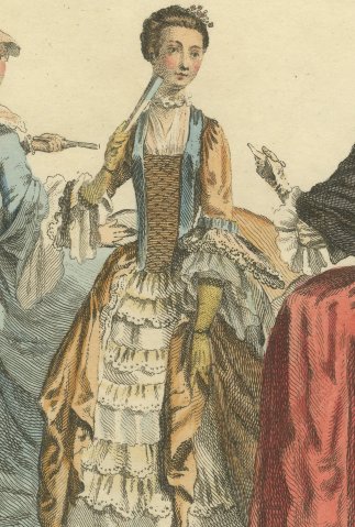 Three English Ladies of 1735, 1745 and 1755, Jefferys Costume Print, 1757, close-up 2