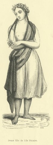 Young Girl of Pitcairn Island, Antique Wahlen Costume Print, 1843-1844