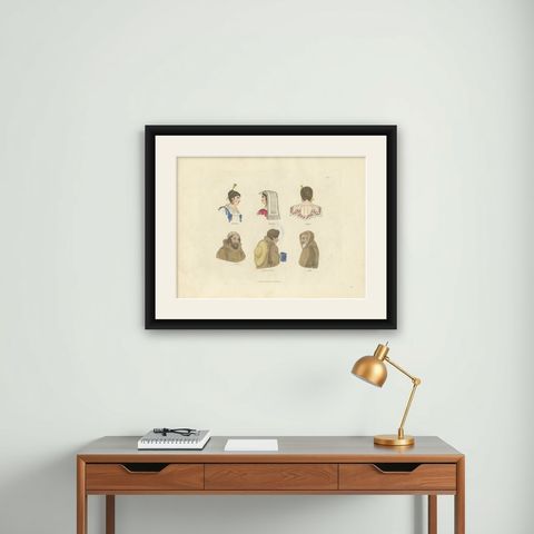 Traditional Costumes from Frascati, Perugia, Albano and Monastic Orders, 1823, shown framed on a wall