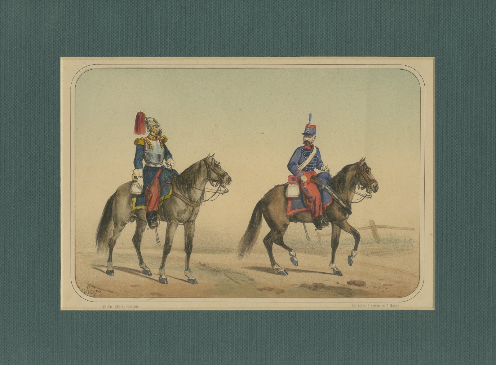 Spanish Cavalry Lithograph by José Rubio y Villegas: Cuirassier and Lancer, 1861