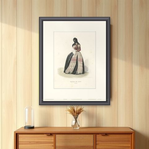 Antique Print of a Woman from Tapada De Saya, Lima, Peru, South America, 1850, shown framed on a wall