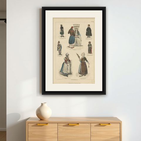 Antique Costume Print of Greece, France, Holland and Others, shown framed on a wall