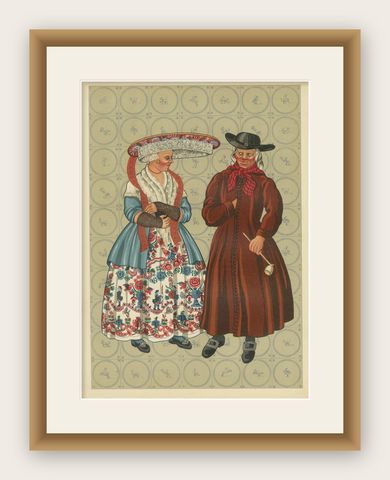 Frisian Costumes of Makkum in The Netherlands with Lace Cap and Redingote, 1932, shown framed