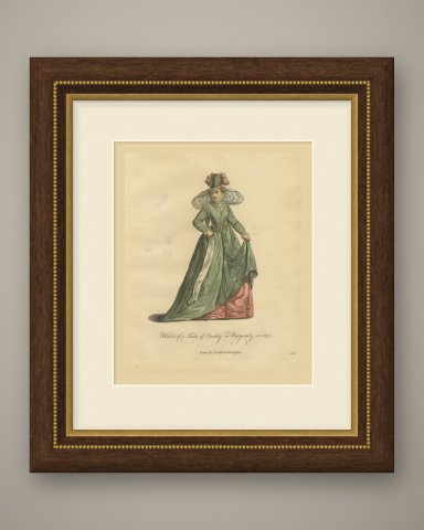 Lady of Quality in Burgundy in Green Gown and Plumed Hat, Costume of 1577, 1757, shown framed