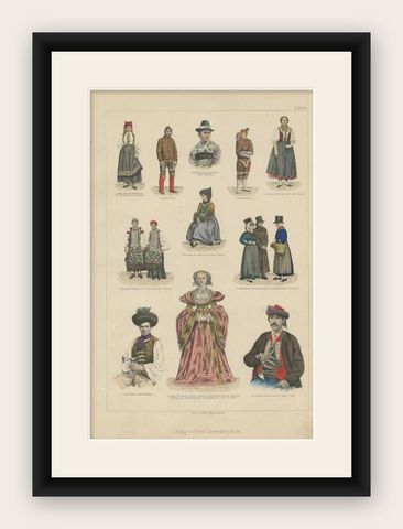 Antique Costume Print of Bayern, Tyrol, Slovakia and Others, shown framed
