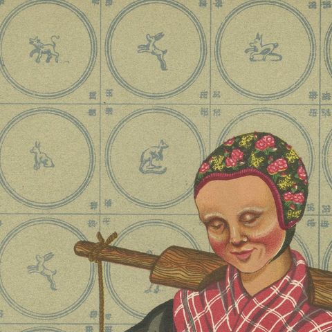 Dutch Folk Costume Print, Everyday Staphorst Dress with Children and Milkmaid, close-up 6