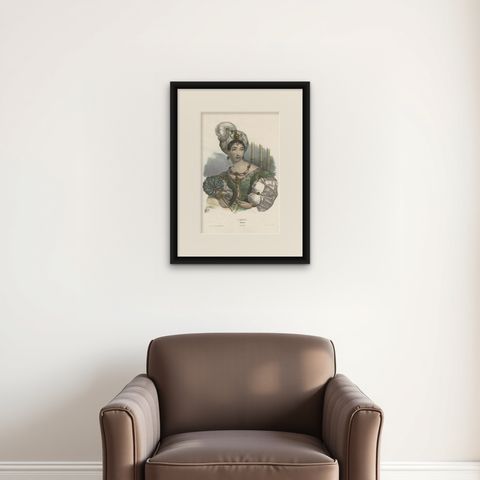 Antique Costume Print of Asia by Lemercier, circa 1840, shown framed on a wall