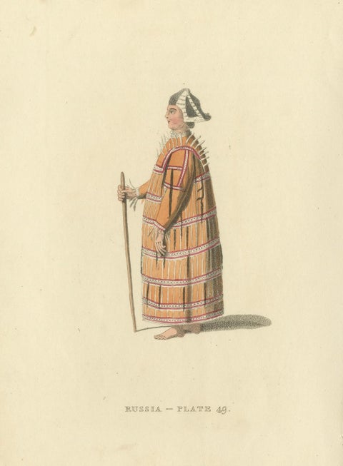 Hand-Colored Engraving of Aleutian and Kurilian Traditional Attire, 1814, close-up 1